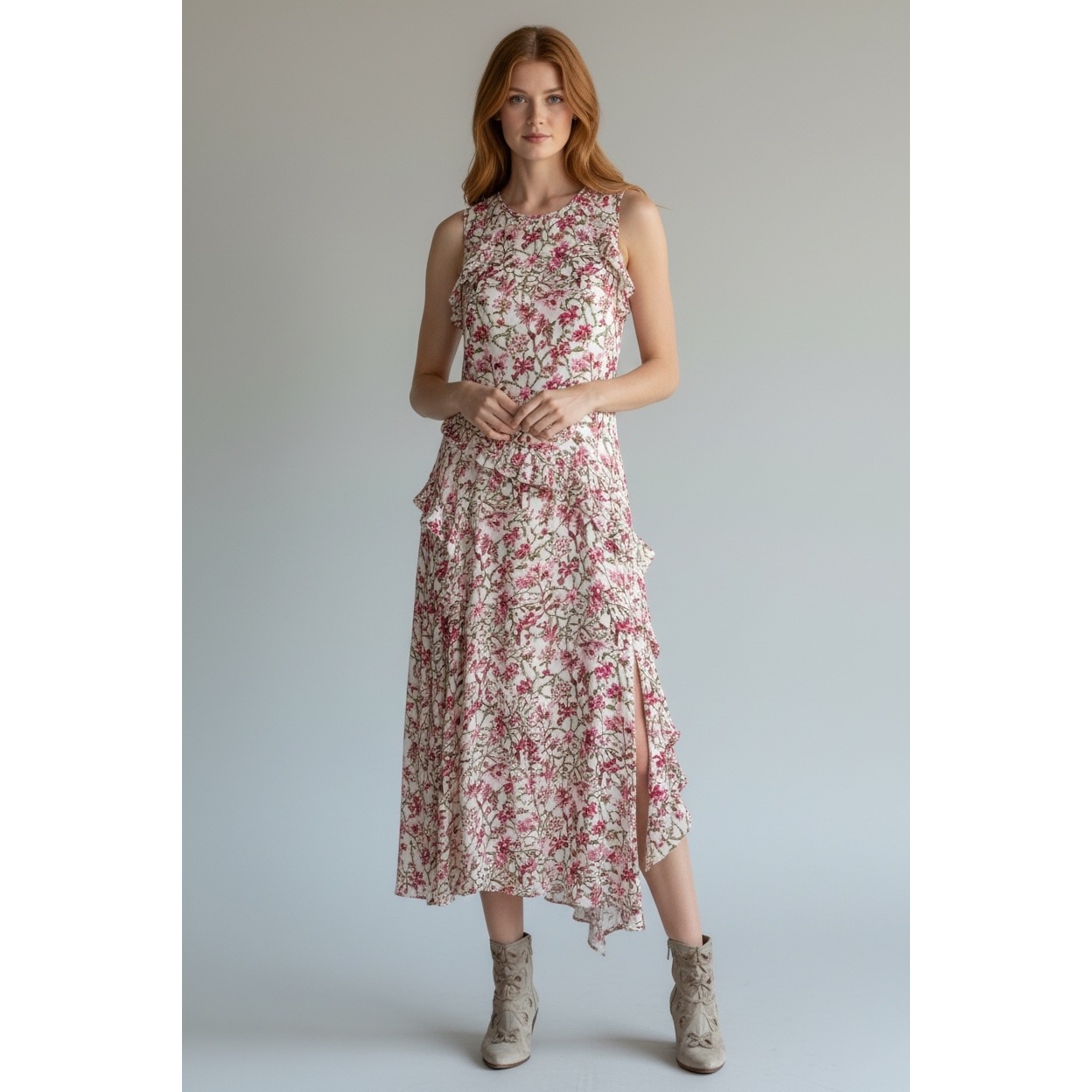 Sundance Womens Floral Ruffle Asymmetrical Midi Dress Pink Cream Size S